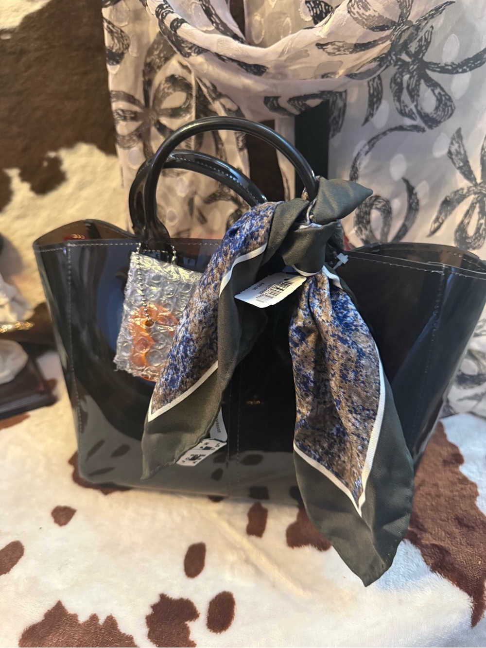 Source Unknown Black Patent Tote with Patterned Silk Scarf Accent